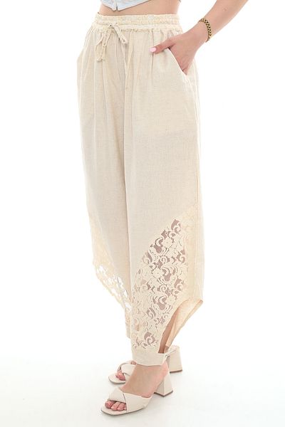 NAVAJO 100% Cotton Lace Detailed Summer Trousers – Elastic Waist, Comfortable Fit