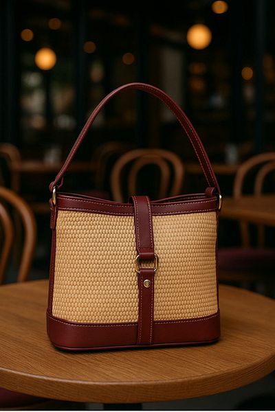 macharelbasic Women's Gold Detailed Straw Hand and Shoulder Bag