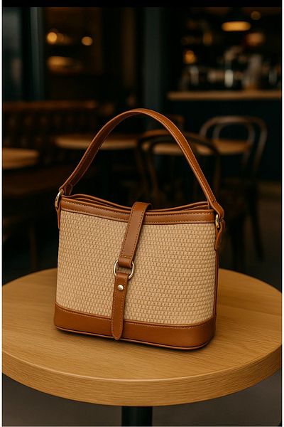 macharelbasic Women's Gold Detailed Straw Hand and Shoulder Bag