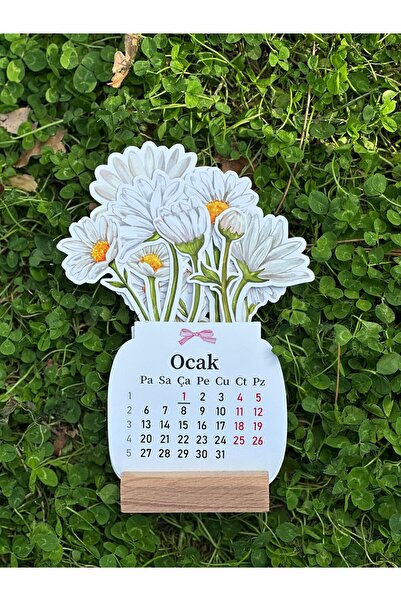 YUNUS COPY CİLTEVİ 2026 Ahşap Ayaklı Çiçekli Mini Özel Tasarım, Masaüstü Takvim, Papatyalı Çiçek Buketi - Yeni Yıl 2026