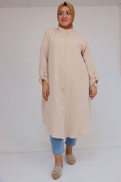 Eslina 58092 Large Size Double Button Detailed Muslin Shirt - Beige