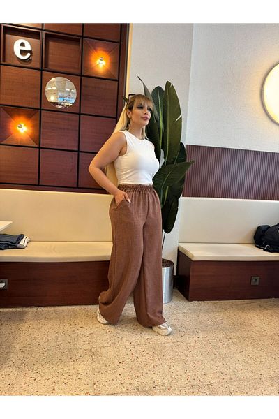 fly just Women's Plus Size Pockets, Elastic Waist, Woven Sofia Linen Fabric, Casual Cut Trousers