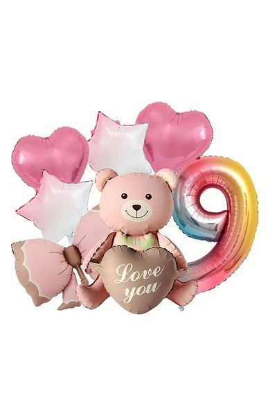 DÜVENCİ TİCARET Pink Sitting Bear Foil Balloon Birthday Age Balloon Set