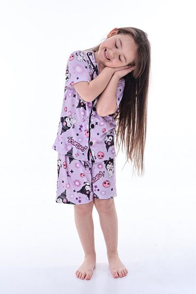 minikiss Girls' Summer Nightgown Pajama Set with Pile Piping Printed