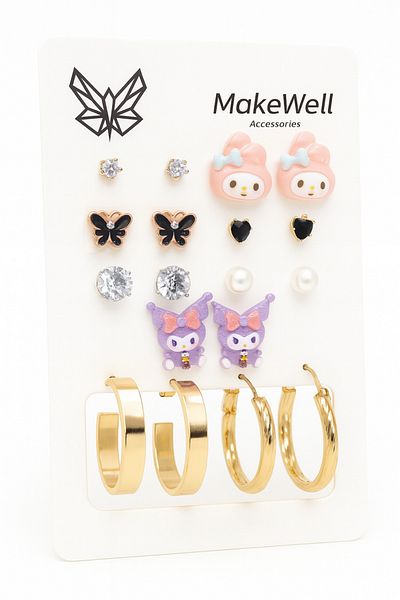 MakeWell Steel Needle Kuromi My Melody and Butterfly Design Children's Earrings Set with Zircon and Pearl Earrings