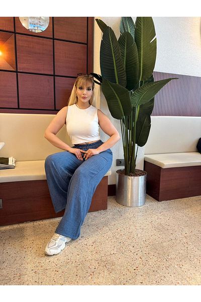 fly just Women's Plus Size Pockets, Elastic Waist, Woven Sofia Linen Fabric, Casual Cut Trousers