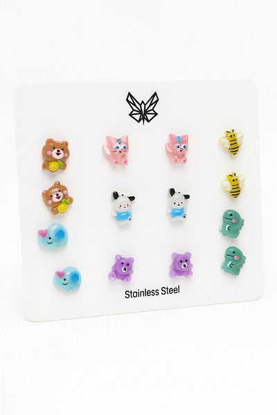 MakeWell Steel Needle Cat Dog Teddy Bear Bee Elephant and Dinosaur Designed Children's Earring Set
