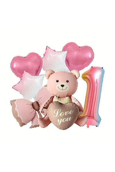 DÜVENCİ TİCARET Pink Sitting Bear Foil Balloon Birthday Age Balloon Set