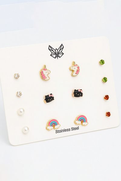 MakeWell Unicorn Hello Kity and Rainbow Design Zircon Stone Earring Set