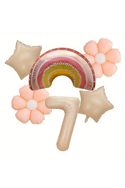 DÜVENCİ TİCARET 6 Pieces Set Rainbow Daisy Balloons and Cream Color Foil Balloon Birthday Party Decorations