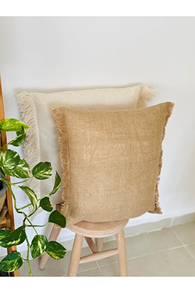 HOUSERİCH Natural Jute and 100% Cotton Fabric, Special Design, Handmade Set of 2 Throw Pillows