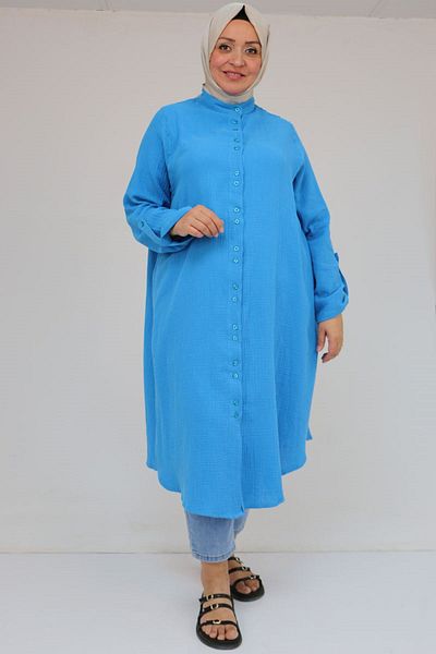 Eslina 58092 Large Size Double Button Detailed Muslin Shirt - Blue