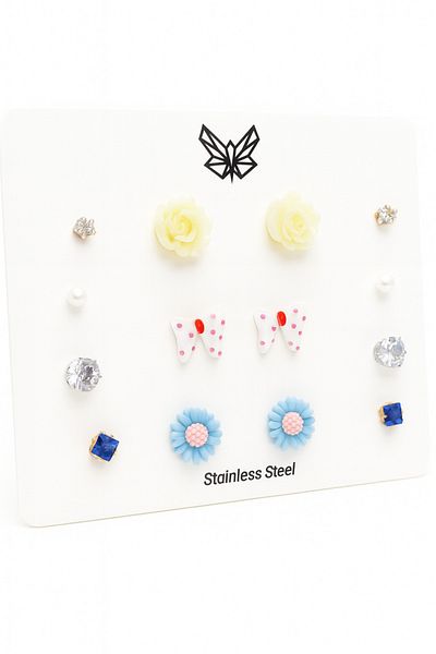 MakeWell Steel Needle Rose Daisy and Bow Design Zircon and Pearl Earrings Children's Earring Set