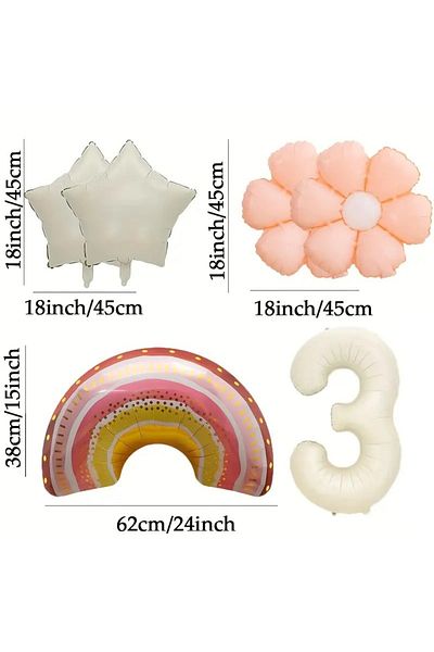 DÜVENCİ TİCARET 6 Pieces Set Rainbow Daisy Balloons and Cream Color Foil Balloon Birthday Party Decorations