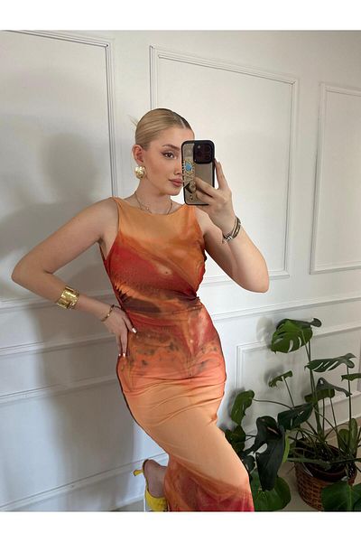 FİOXCO Fabie Back Cutout Orange/Yellow Patterned Side Draped Inner Lined Blue Oversized Tulle Dress