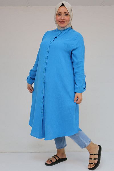 Eslina 58092 Large Size Double Button Detailed Muslin Shirt - Blue