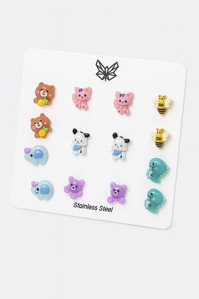 MakeWell Steel Needle Cat Dog Teddy Bear Bee Elephant and Dinosaur Designed Children's Earring Set