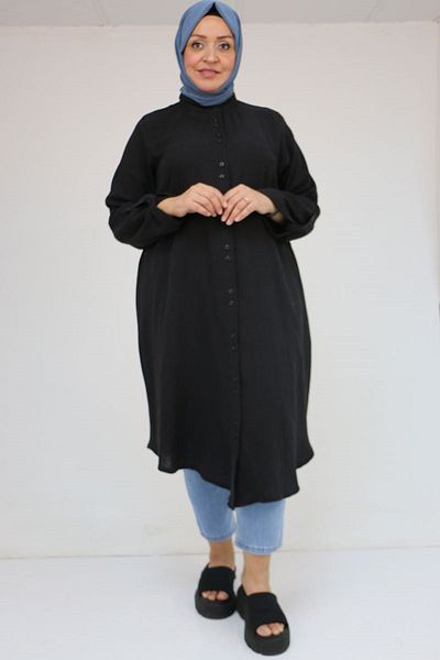 Eslina 58092 Large Size Double Button Detailed Muslin Shirt - Black