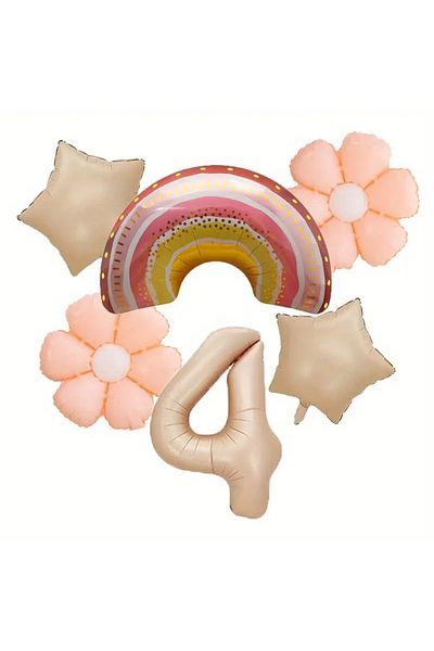 DÜVENCİ TİCARET 6 Pieces Set Rainbow Daisy Balloons and Cream Color Foil Balloon Birthday Party Decorations