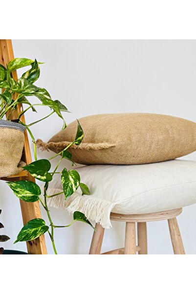 HOUSERİCH Natural Jute and 100% Cotton Fabric, Special Design, Handmade Set of 2 Throw Pillows