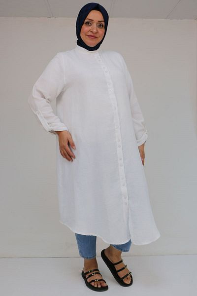 Eslina 58092 Large Size Double Button Detailed Muslin Shirt - Ecru