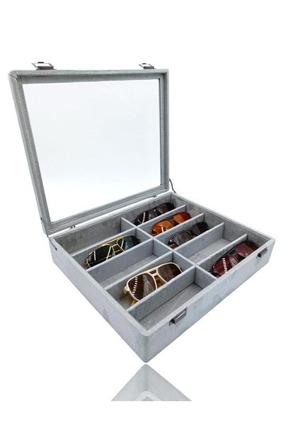 Dijital Çarşı Diji 10 Glasses Box Glasses Bag Suede Gray Inside Gray