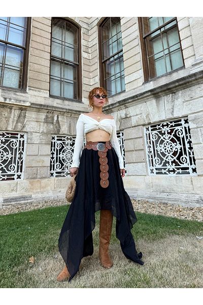 Bak'ap Premium Asymmetrical Flounced Ruffled Cowboy Waistband Bohemian Chiffon Skirt