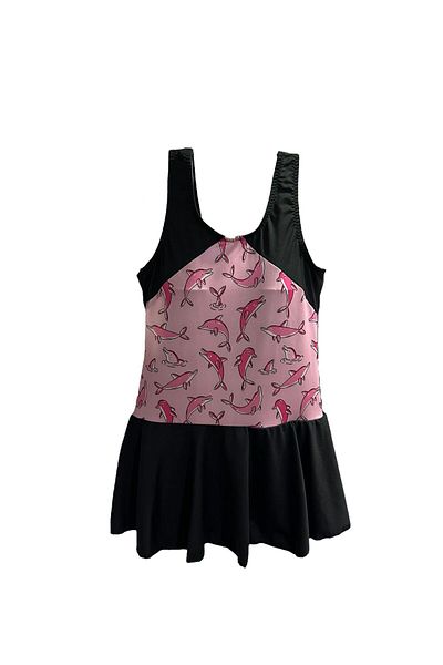 TooHot Girl's Black-Pink Dolphin Themed Dress Swimsuit