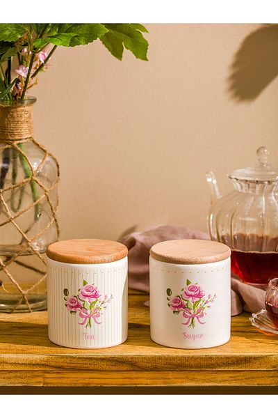 LC Waikiki Mixed Wooden Lid Ceramic Storage Container Set of 2