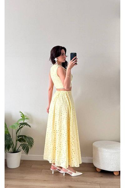 Julidress Embroidery Fabric Lace Detailed Crop Blouse and Maxi Long Skirt Bottom Top Premium Set