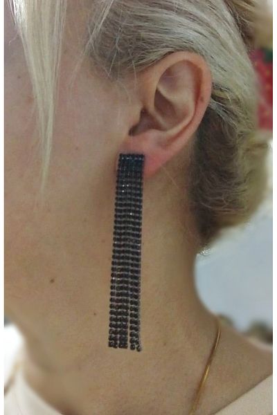 mos&more Black Stone Dangle Sparkling Long Women's Evening Dress Earrings, Tassel Earrings, Waterway, 6 Strips