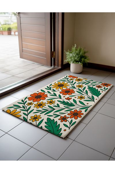 Artvibe Yellow Orange Floral Patterned Autumn Themed Digital Printed Door Mat