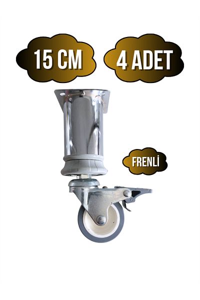 DSYapıAksesuar Metal Chrome Wheel Leg Furniture Table and Cabinet Wheel Leg (with Brake) (Chrome) (15cm) (4 Pcs) (Diameter: 42mm)