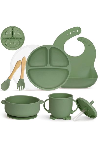 Brivoo® Set diversificare bebelusi din Silicon, Brivoo®, farfurie cu ventuza, bol, tacamuri, cana, Verde Ol