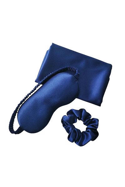 Lommad Premium Set Natural Mulberry Silk 100% ®, Pillowcase 50x70, Sleep Mask, Hair Elastic, Navy Blue