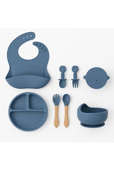 Brivoo® Set diversificare bebelusi din Silicon, Brivoo®, farfurie cu ventuza, bol, tacamuri, cana, albastru