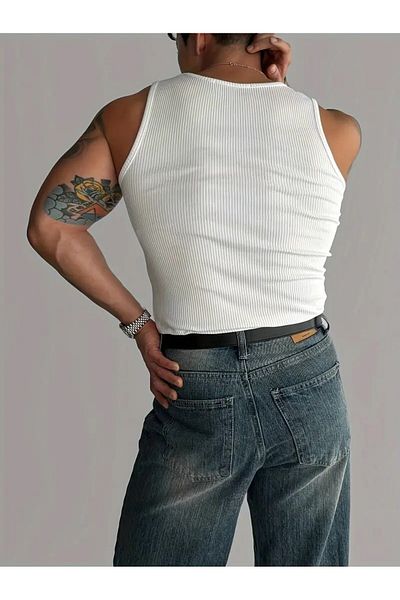 Burlu Men's White Weightlifting Collar Ribbed Sportsman Lycra Singlet