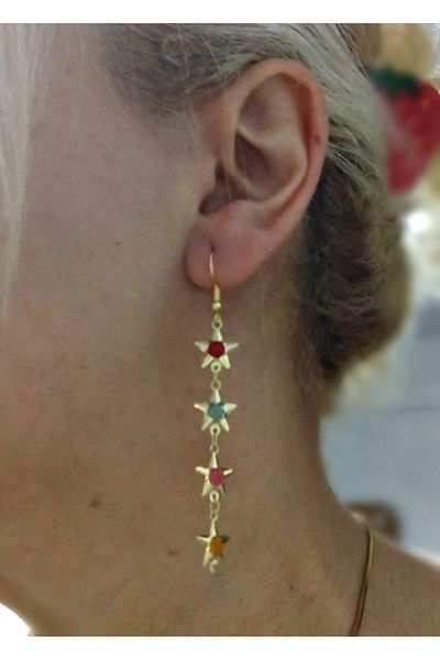 mos&more 3 Piece, Gold Star Mix Stone Dangle Earrings and Y Necklace Set