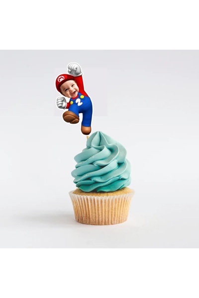 ELF REKLAM Mario Cupcake Pasta Süsü Kürdan 10 Adet Kişiye Özel Pasta Süsü