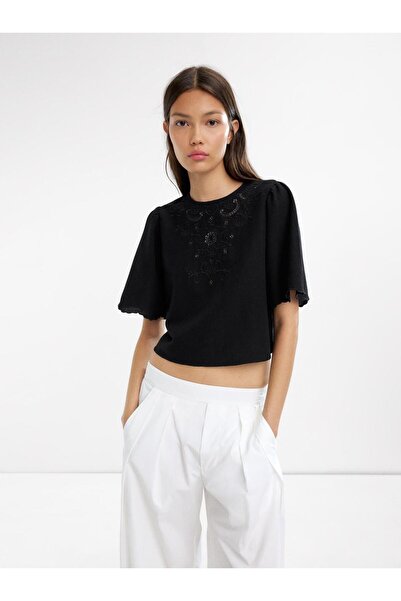 PARFOIS Pamuk ve Keten Karışımlı İşlemeli Crop Bluz