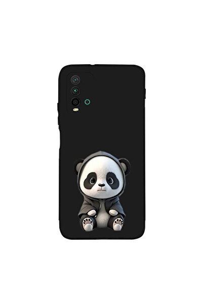 PrintiFy Xiaomi Redmi 9T ile Uyumlu Sevimli Panda (0214d) Tasarımlı Siyah Lansman Kılıf