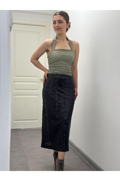 soBasic Sequin Long Length Lined Slit Side Zipper A-Line Skirt