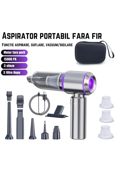 Lommad Aspirator de Mana, Aspirare, Suflare, Sigilare, 3 filtre HEPA, 12 Accesorii, 15000Pa, Geanta inclusa