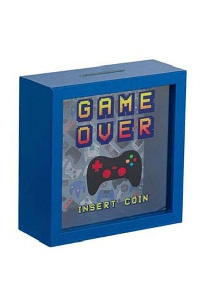 OEM Cutie de bani pătrată elegantă din lemn, albastră, „Game Over”, 15,5 x 6 x 15,5 cm