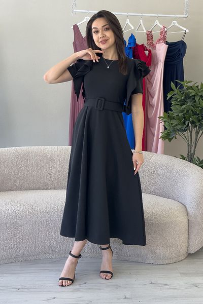 the ZKS Black Shoulder Ruffle Detailed Belted Midi Dress