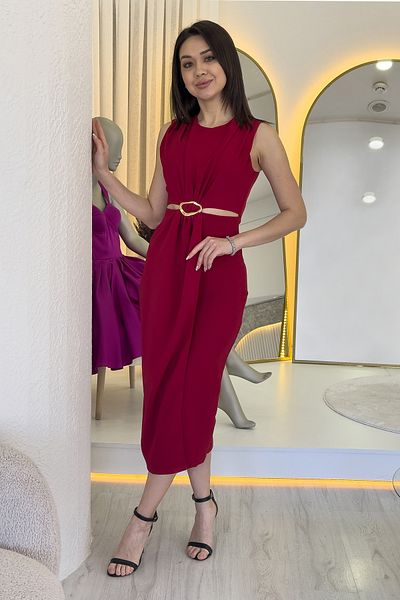 the ZKS Women's Low Waist Gold Accessory Slit Midi Length Dress Black, Claret Red