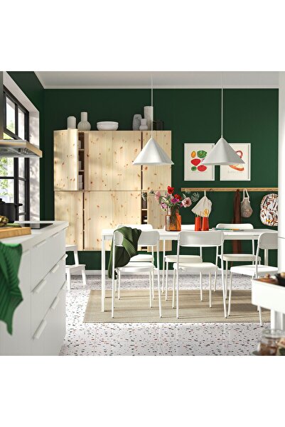 IKEA yemek masası takımı, beyaz, 6 sandalyeli, açılabilir, 120/180x74 cm