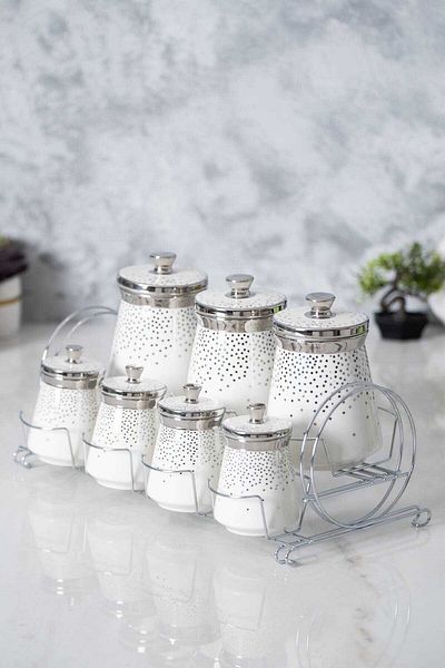 ACAR 6388 Fleur Metal Stand 7-Piece Spice Set Silver