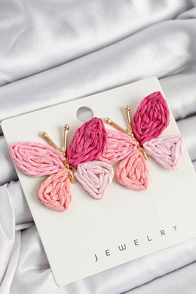 callerrons accessories Brass Pink Butterfly Model Gold Color Women's Straw Earrings - Ebj250711W36551