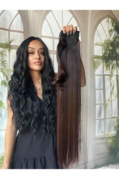 Suzan Peruk Mokkra Kahve Düz At Kuyruğu Gerçek saç dokusunda-Bağlamalı Postiş...